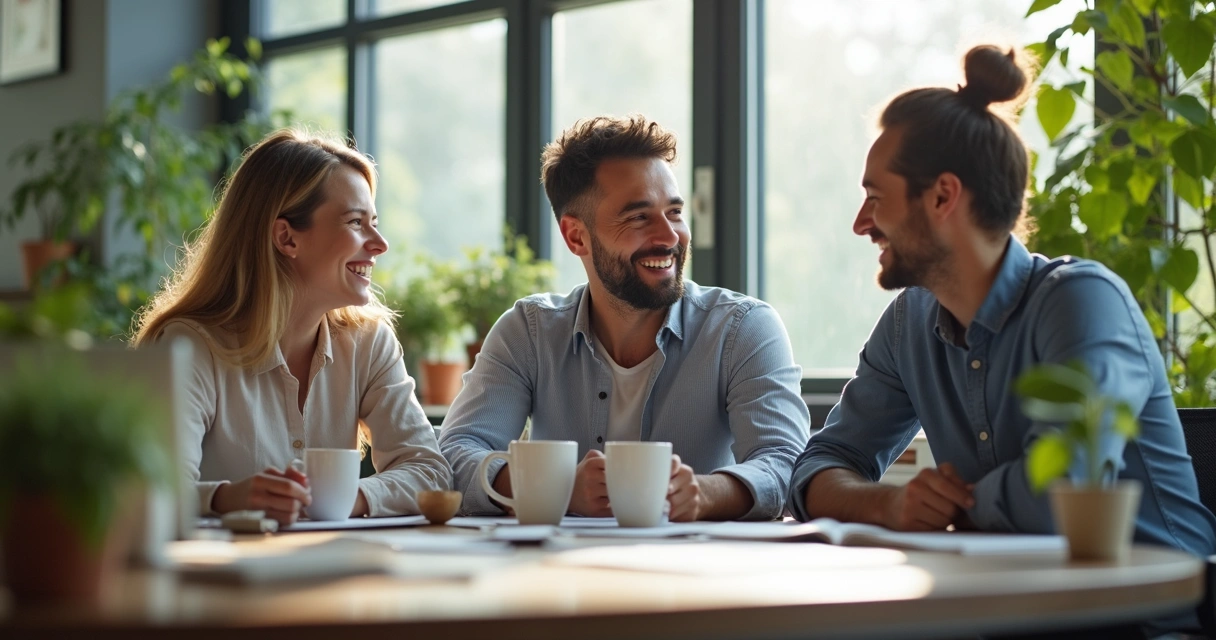 Três pessoas fazendo pausa juntos em uma sala de escritório, sorrindo e relaxando, com canecas de café sobre a mesa 