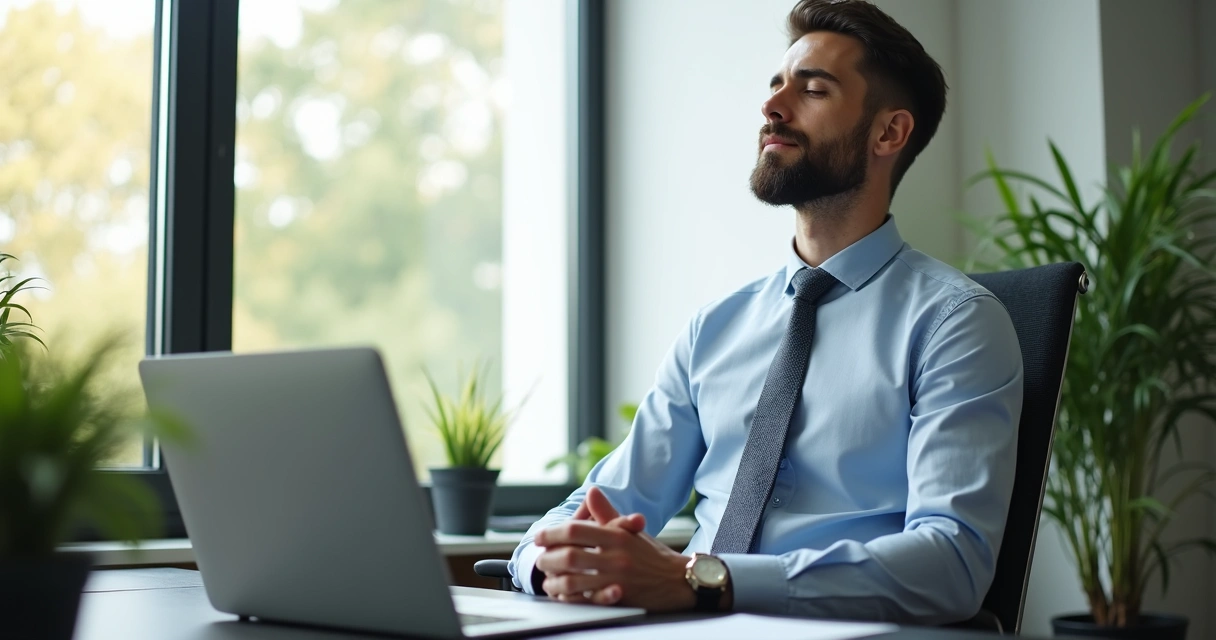 Pessoa fazendo pausa para meditação no escritório, sentado à mesa de trabalho. 