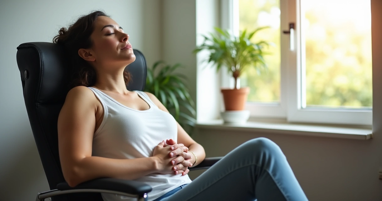 Pessoa sentada em cadeira de escritório, respirando fundo com olhos fechados, luz natural ao fundo 