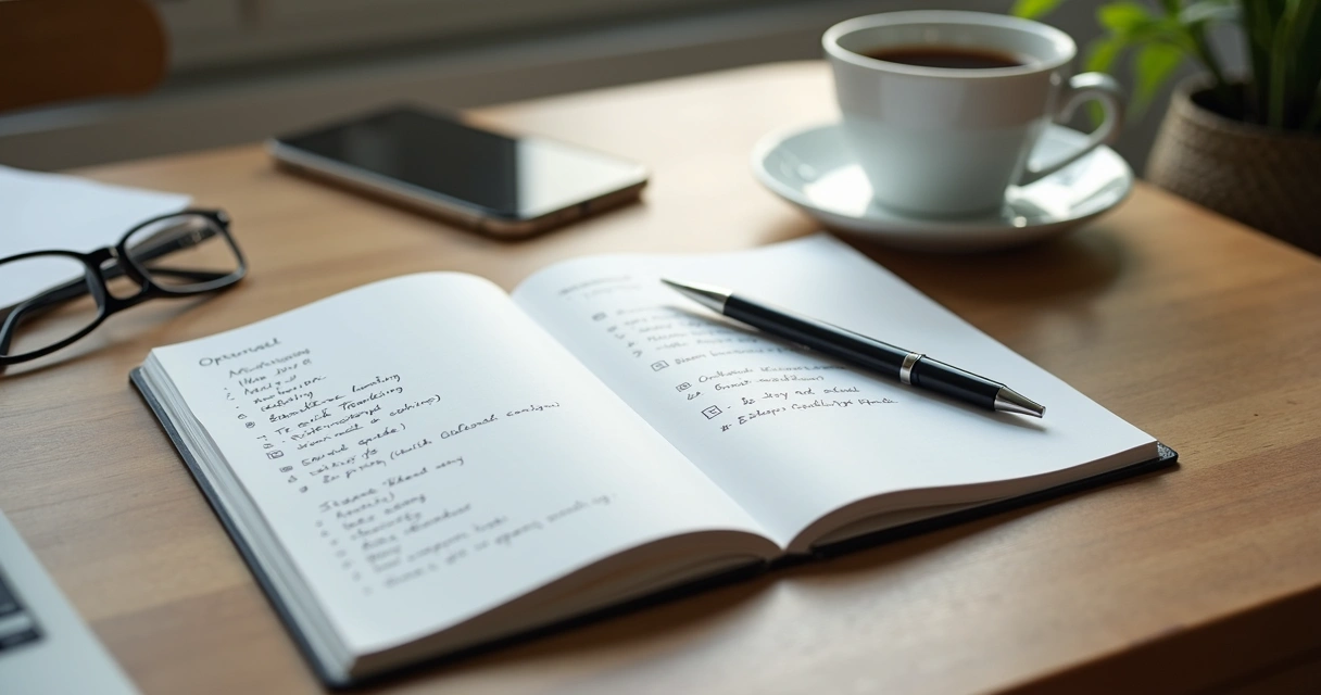 Persona escribiendo opciones en una libreta con café al lado 