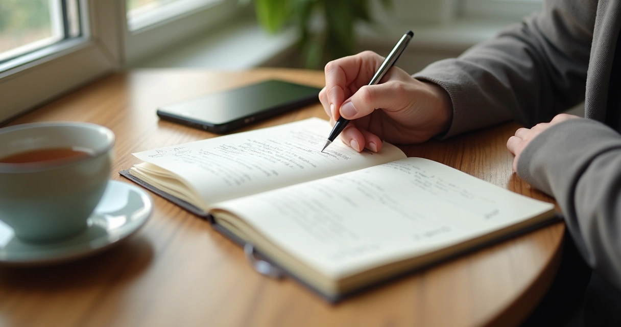 Pessoa escrevendo prós e contras em um caderno 
