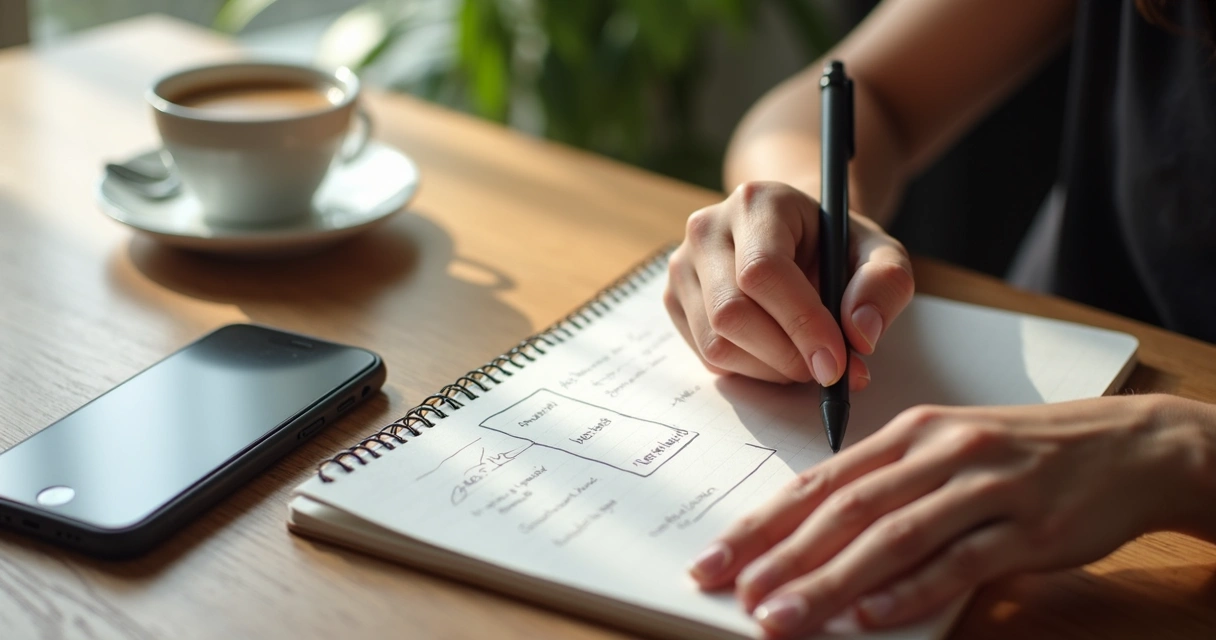 Pessoa escrevendo em caderno ao lado de café e celular 