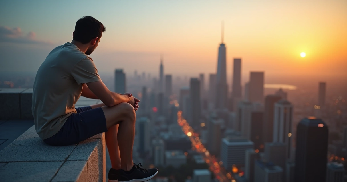 Pessoa sentada à beira de uma cidade ao pôr do sol refletindo sobre as escolhas 