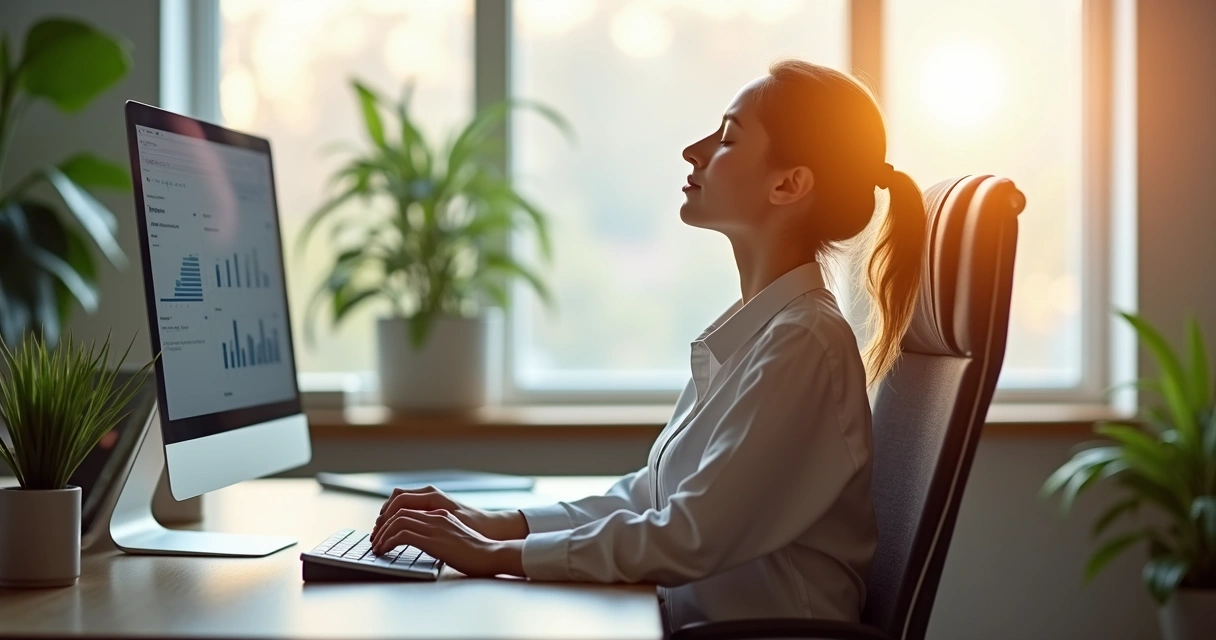 Profissional fazendo pausa para respirar em escritório silencioso