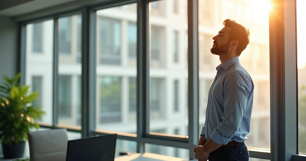 Homem parado próximo à janela, olhos fechados, respirando fundo em momento de reflexão