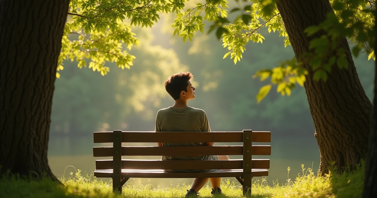 Pessoa sentada em um banco de madeira em meio à natureza, olhos fechados em pausa. 