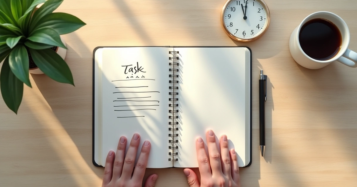 Caderno aberto com lista de tarefas e xícara sobre mesa clara