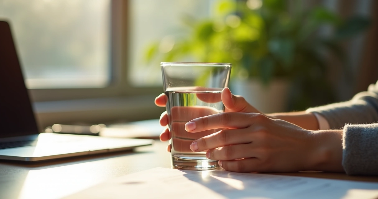 Pessoa com copo de água na mão, fazendo pausa no escritório para meditação ativa 