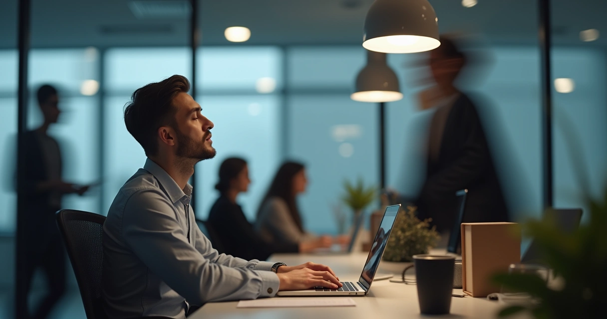 Persona sentada en oficina tomando una pausa consciente 