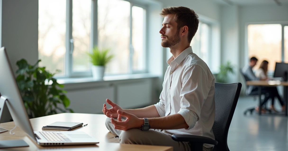 Profissional sentado em cadeira de escritório fazendo breve meditação de olhos fechados 