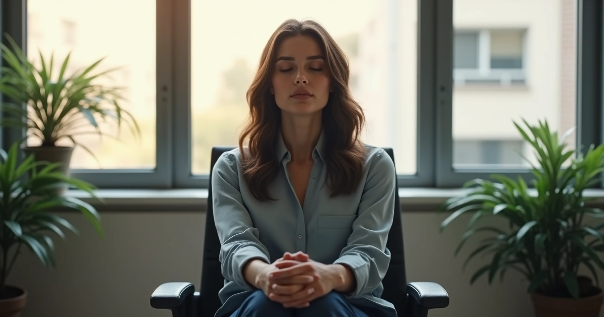Pessoa sentada em cadeira de escritório de frente para uma janela com luz suave ao fundo, olhos fechados e mãos relaxadas sobre as pernas 