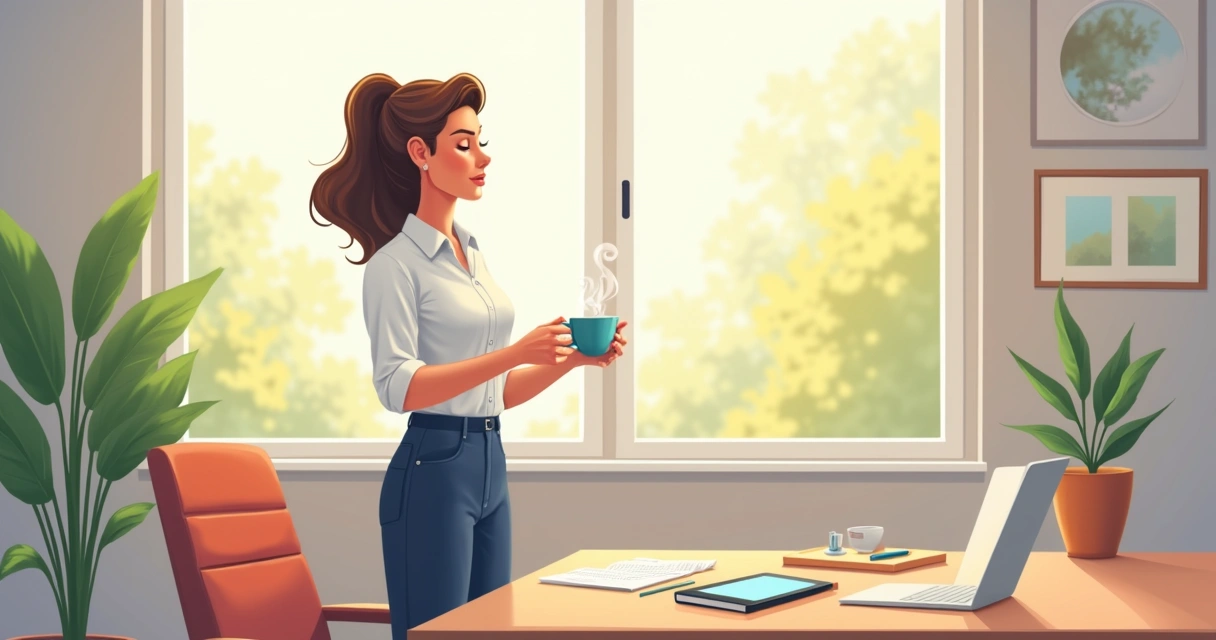 Pessoa fazendo pausa para café durante o trabalho, relaxando junto à janela.