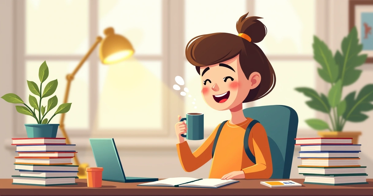 Estudante sorrindo, tomando café, com livros e celular sobre a mesa 