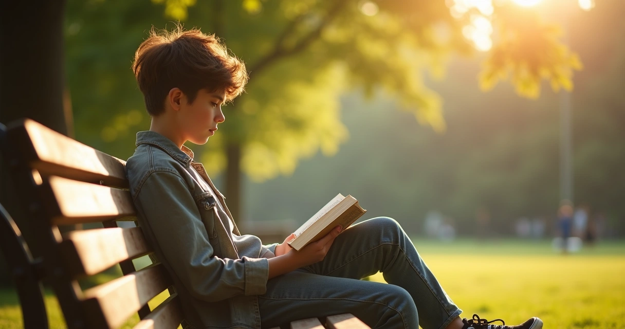 Jovem lendo livro em um parque ensolarado enquanto segura o celular desligado.