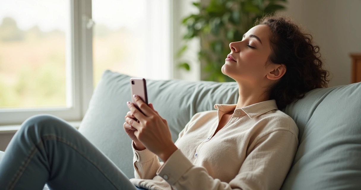 Pessoa com smartphone na mão, olhos fechados, respirando fundo sentado em um sofá 