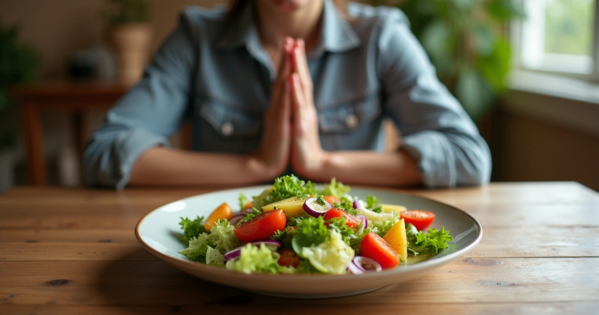 Pessoa sentada à mesa apreciando prato colorido de salada e legumes, mãos apoiadas em postura tranquila