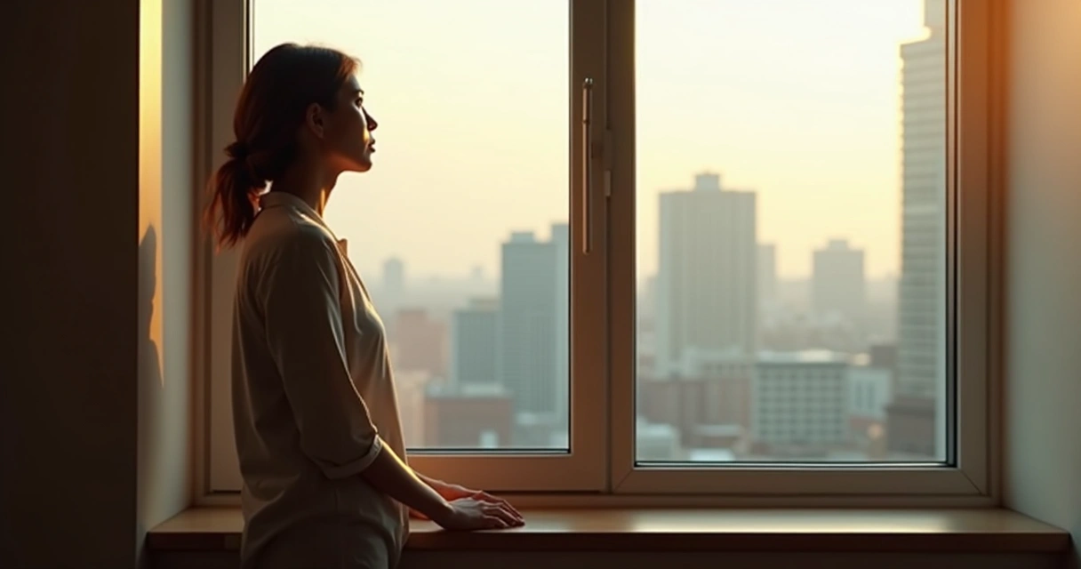 Pessoa em pé diante de uma janela, olhando para fora em atitude reflexiva 