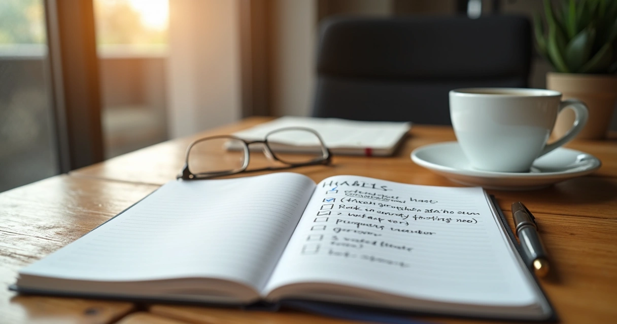 Caderno com checklist e xícara sobre mesa de madeira