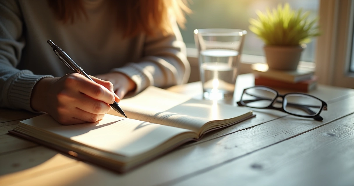 Pessoa escrevendo reflexões em um caderno