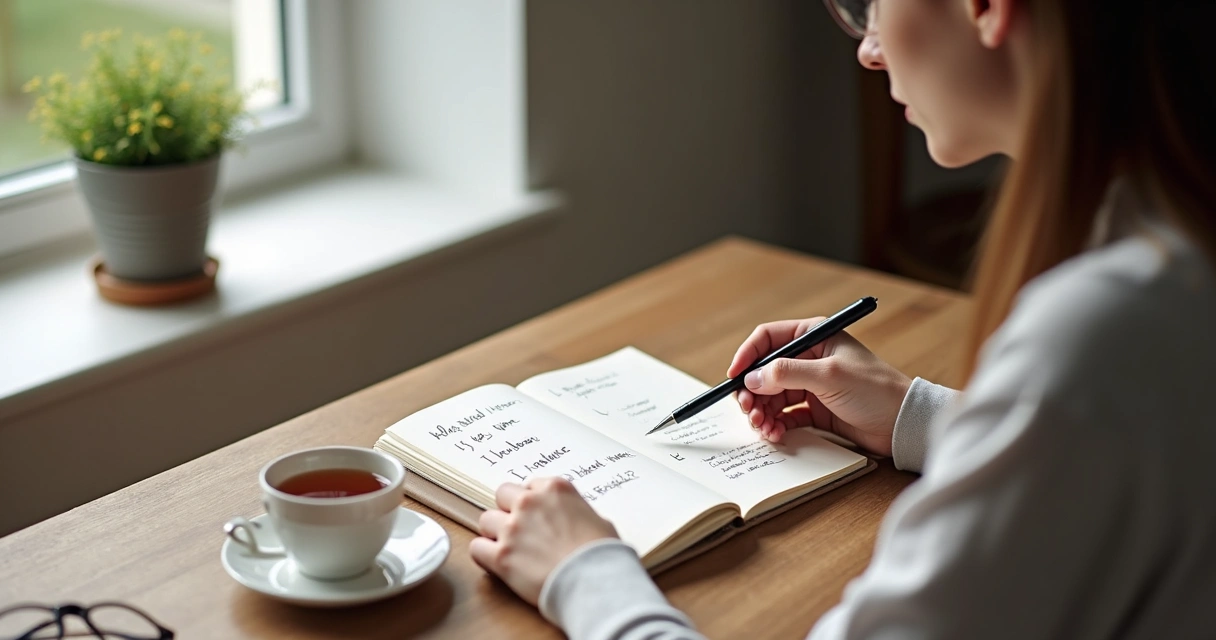 Pessoa sentada com caderno e chá em momento de reflexão 