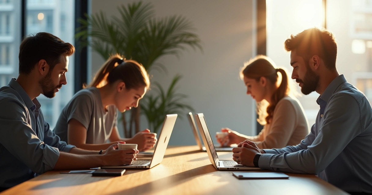 Colaboradores em pausa de reflexão juntos na mesa do escritório 