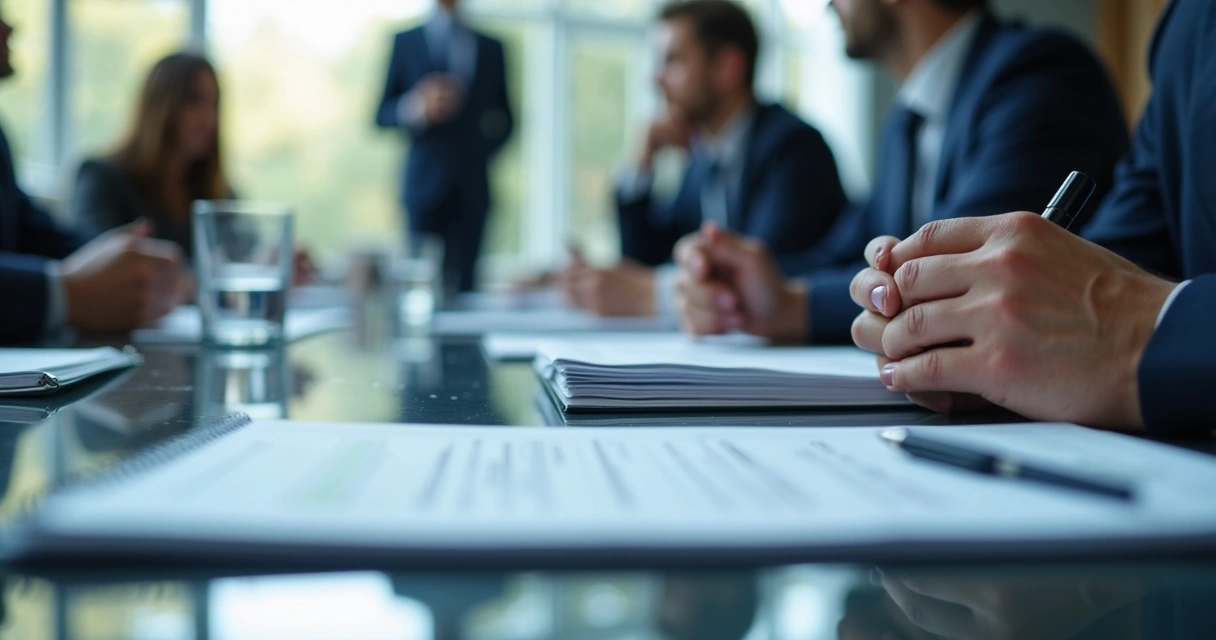 Pausa reflexiva em reunião de conselho com anotações e silêncio 
