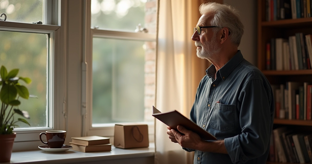 Homem de meia idade olhando para fora da janela durante pausa reflexiva 