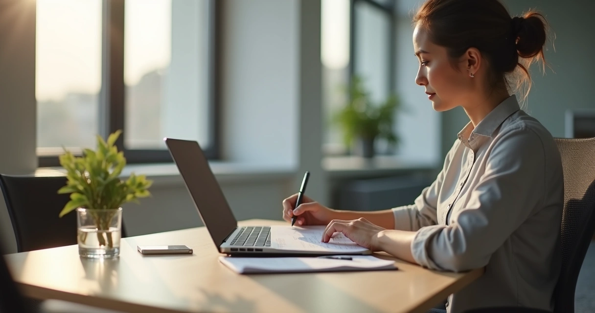 Profissional fazendo pausa para refletir no escritório com caderno aberto
