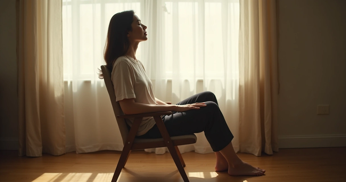 Pessoa sentada em cadeira no ambiente calmo, olhos fechados em reflexão 