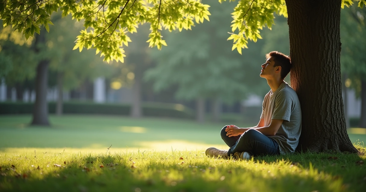 Jovem refletindo sentado sob uma árvore em um parque