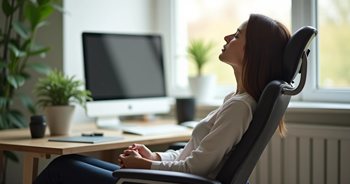 Pessoa sentada em cadeira de escritório, olhos fechados, mãos sobre o colo, respirando fundo, com ambiente de trabalho ao fundo. 