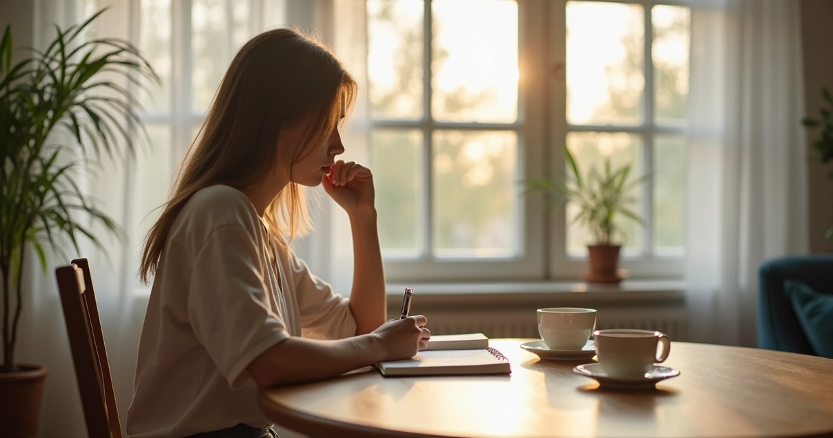 Persona escribiendo en un cuaderno junto a una taza y una ventana