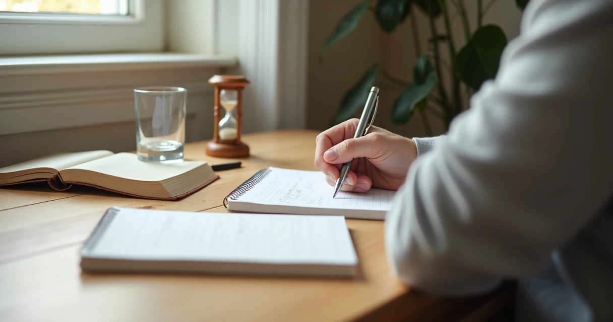 Persona escribiendo en un cuaderno junto a una taza y un reloj de arena 