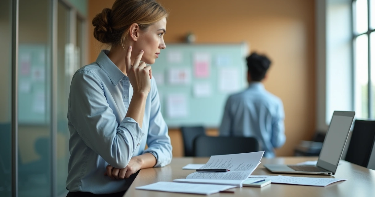 Líder reflexionando frente a notas y gráficos en oficina