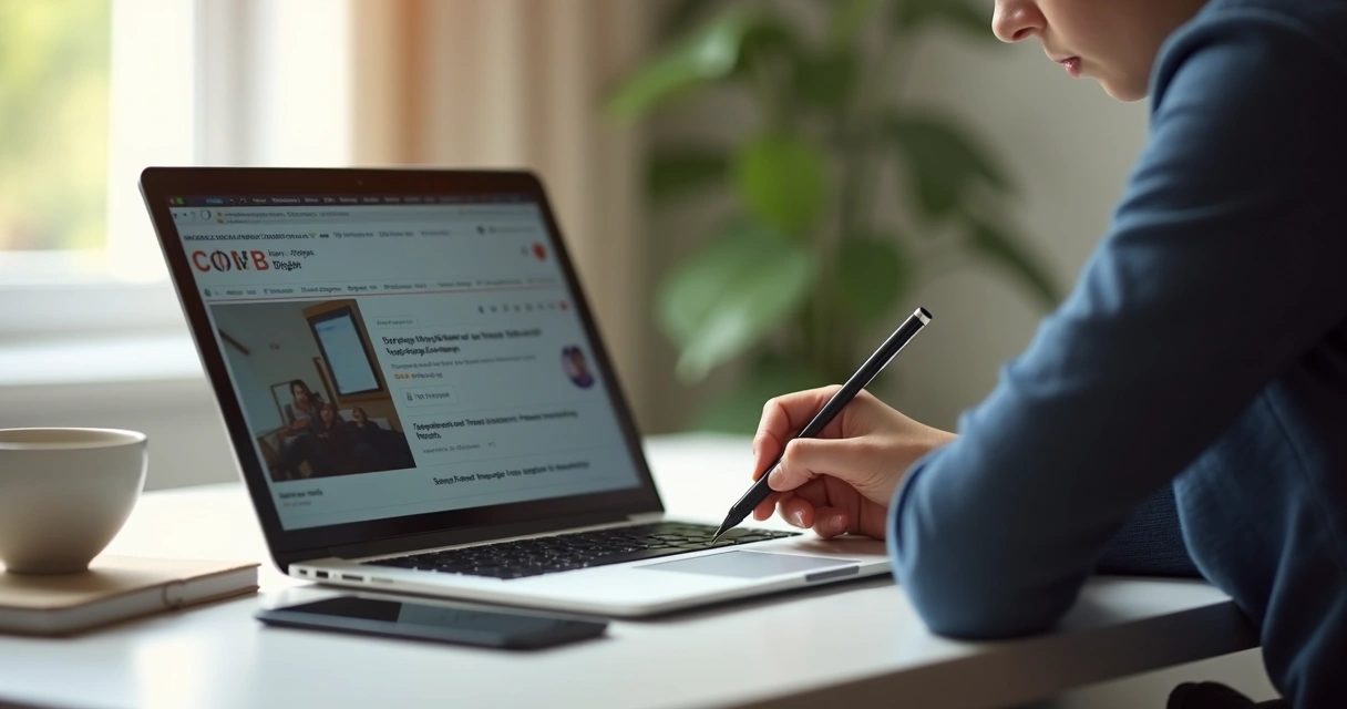 Persona revisando noticias y tomando notas en un escritorio 
