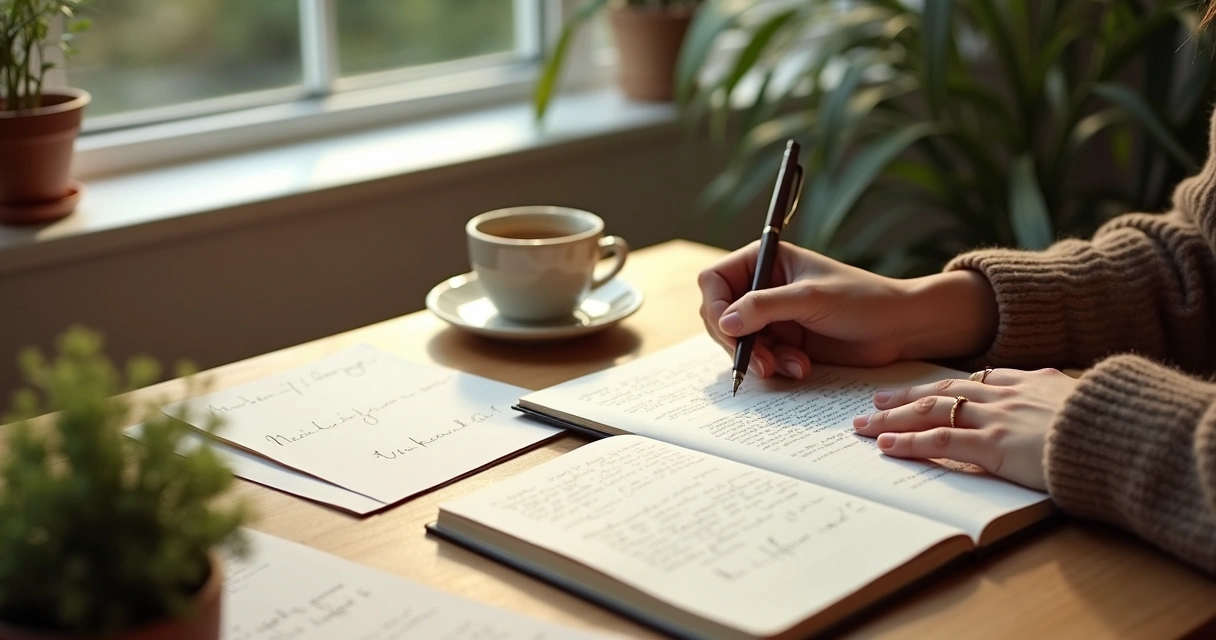 Pessoa escrevendo em caderno ao lado de café e janela 