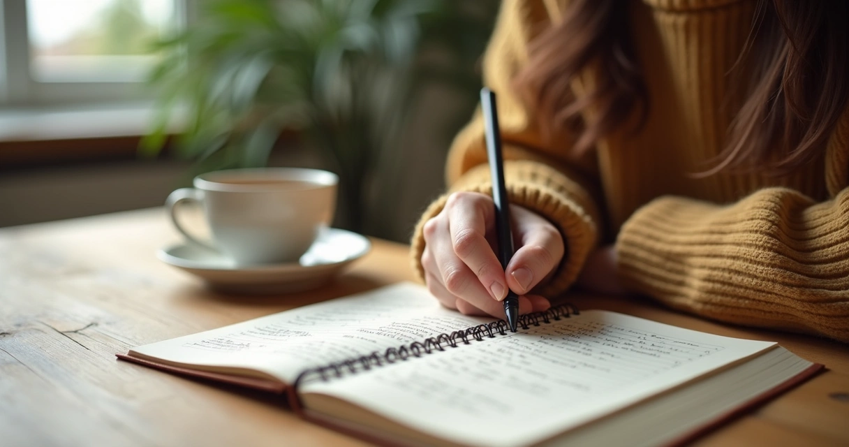 Persona escribiendo en un cuaderno junto a una taza y luz suave 