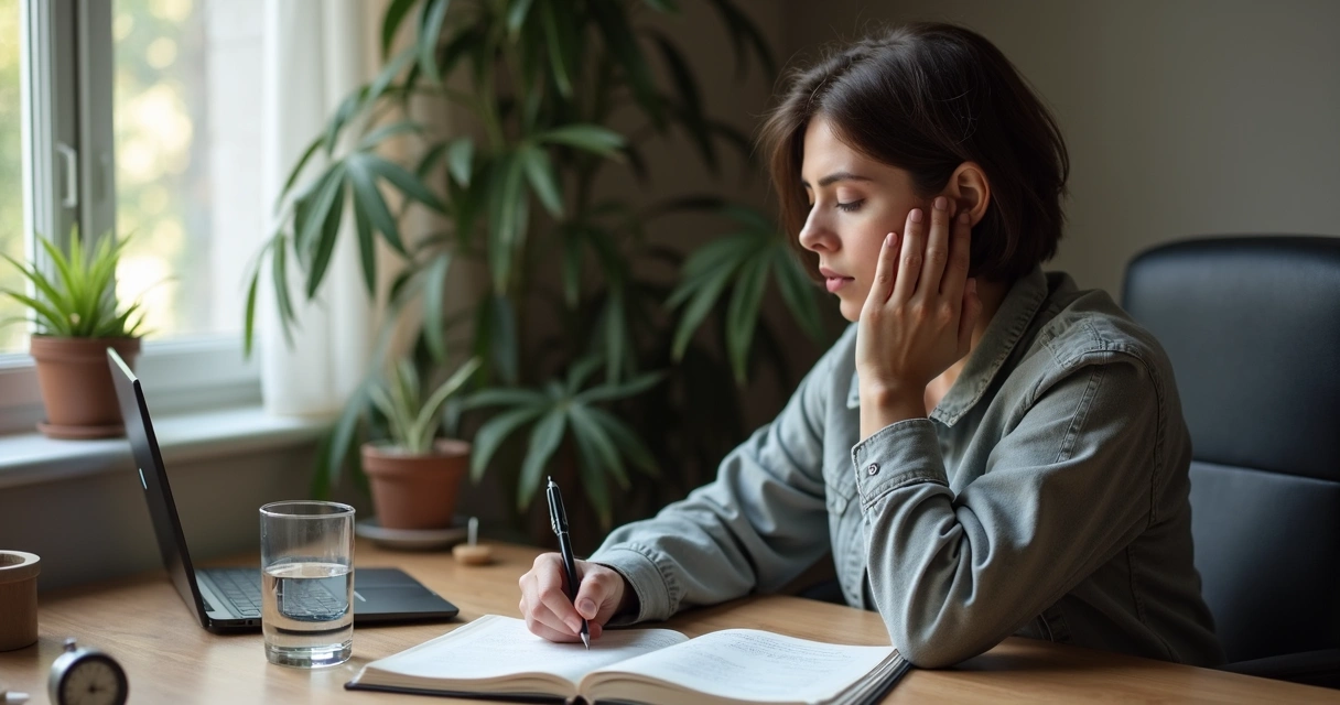 Persona sentada ante un escritorio en pausa reflexiva con libreta y reloj 