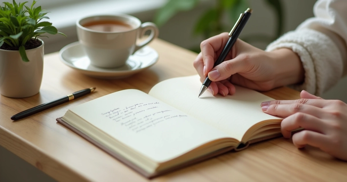 Persona escribiendo en un cuaderno junto a una taza y una planta