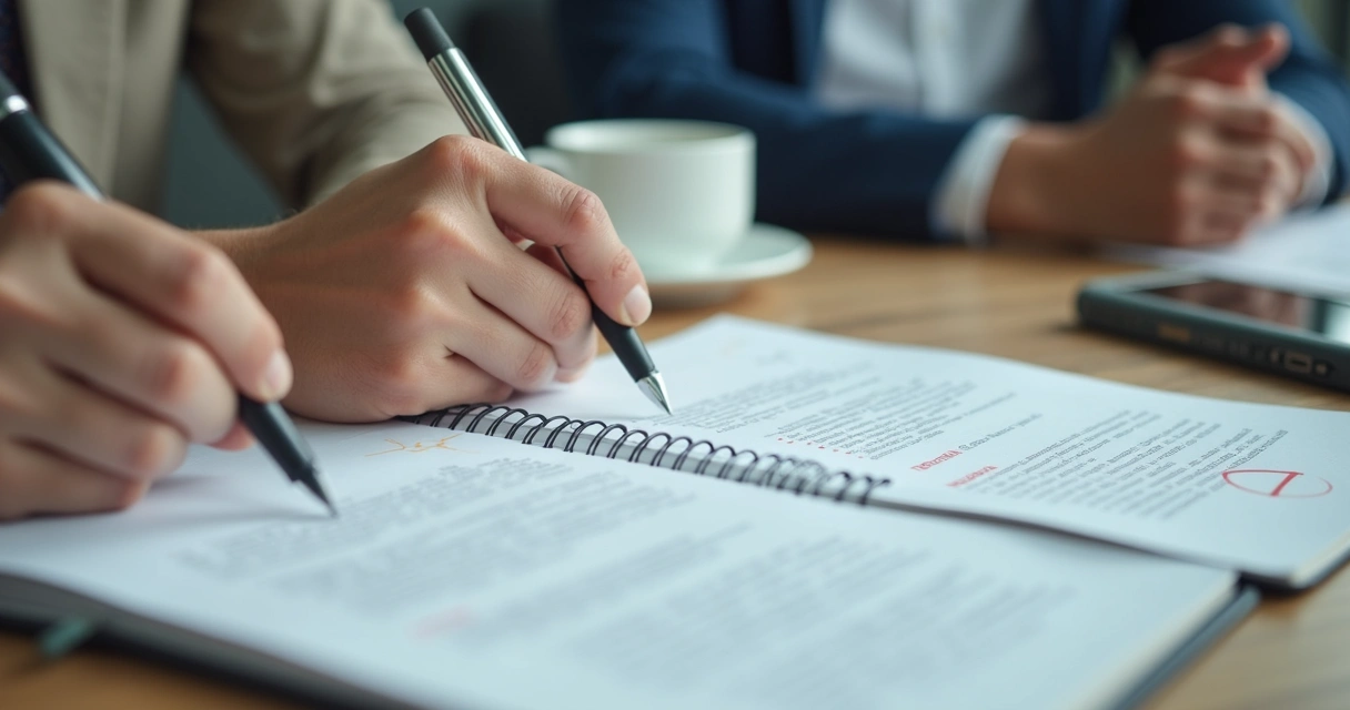 Manos escribiendo notas durante una pausa reflexiva en negociación 