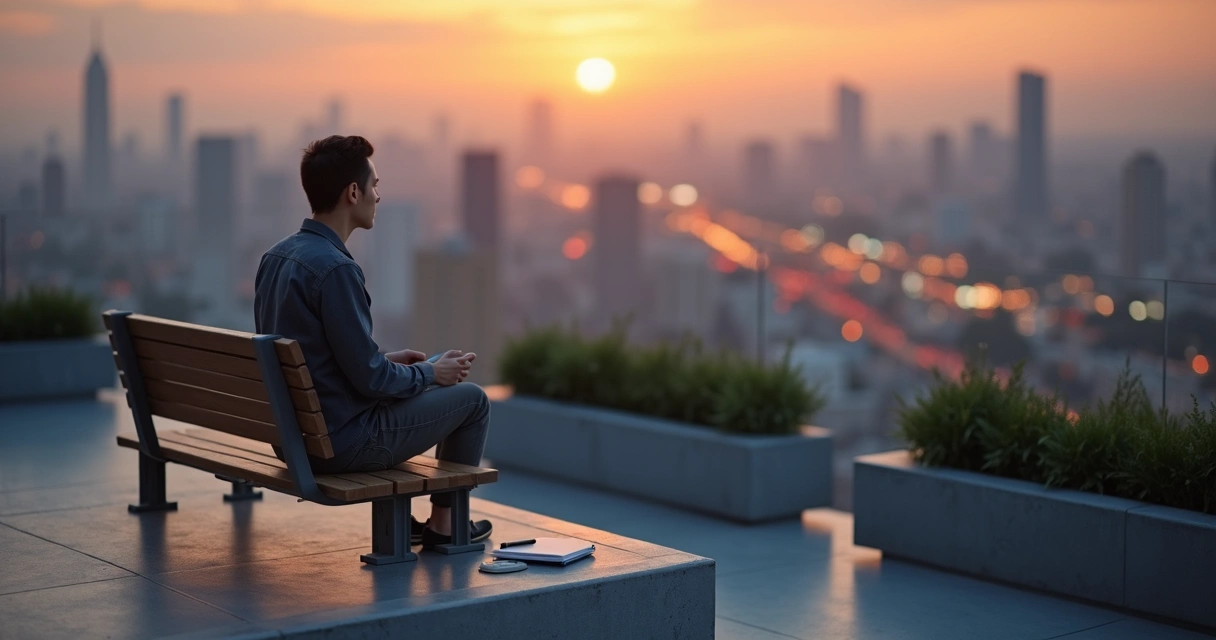 Persona sentada en una azotea urbana respirando y reflexionando al atardecer 