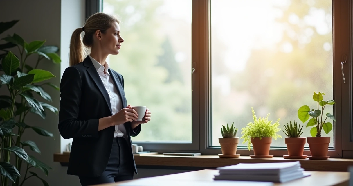 Pessoa com roupa social tomando café perto de janela durante pausa 