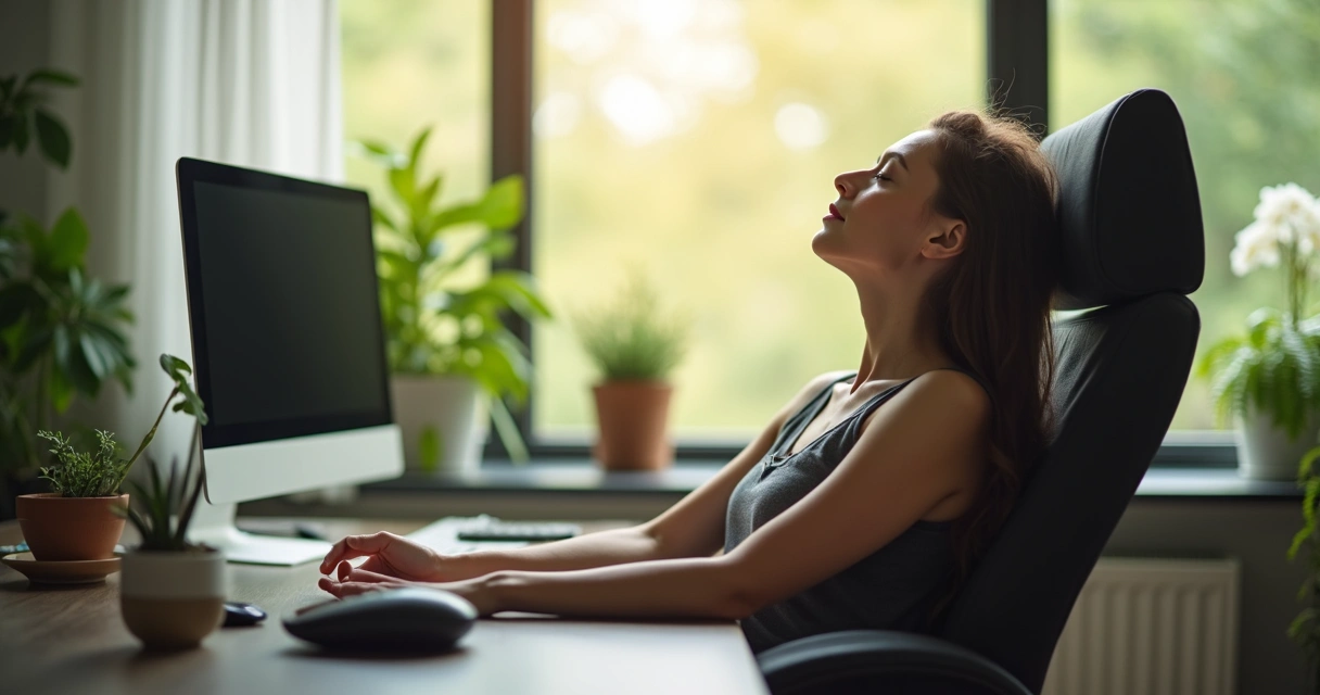 Mulher faz pausa para relaxar em escritório iluminado e folhagens 
