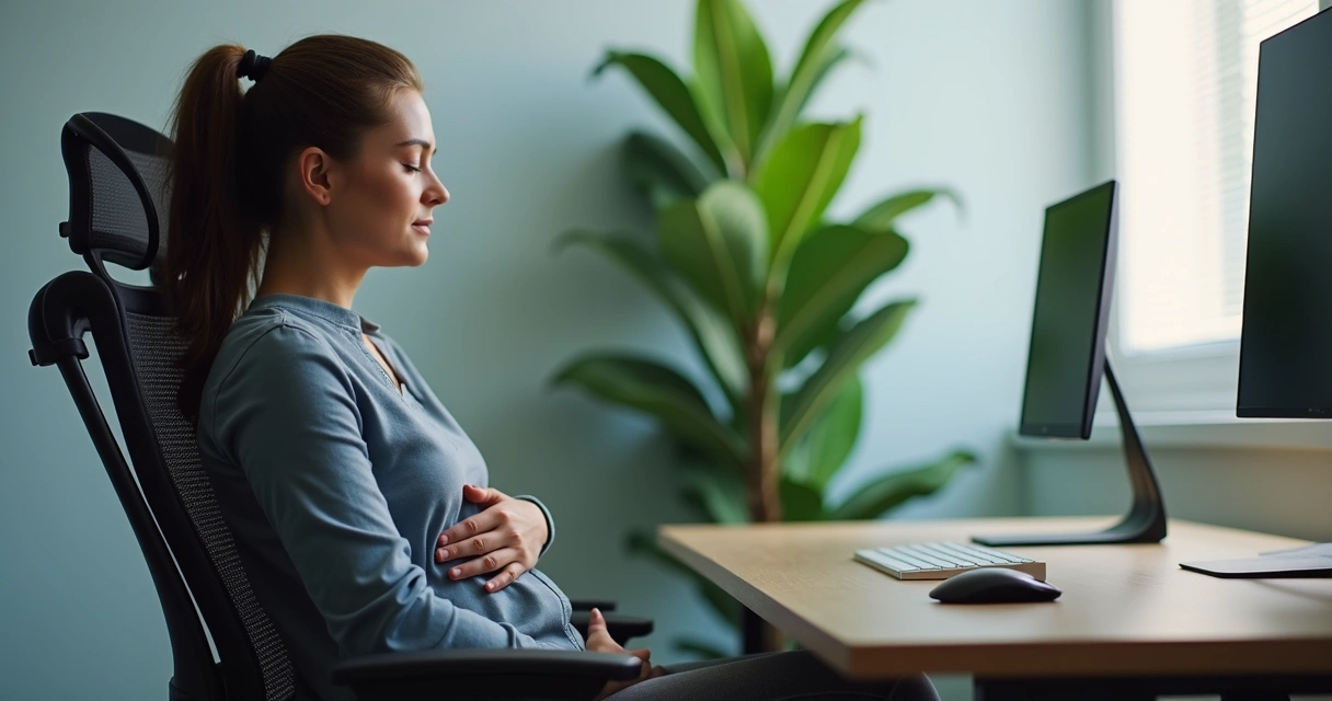 Pessoa sentada na cadeira do escritório fazendo respiração profunda com olhos fechados 