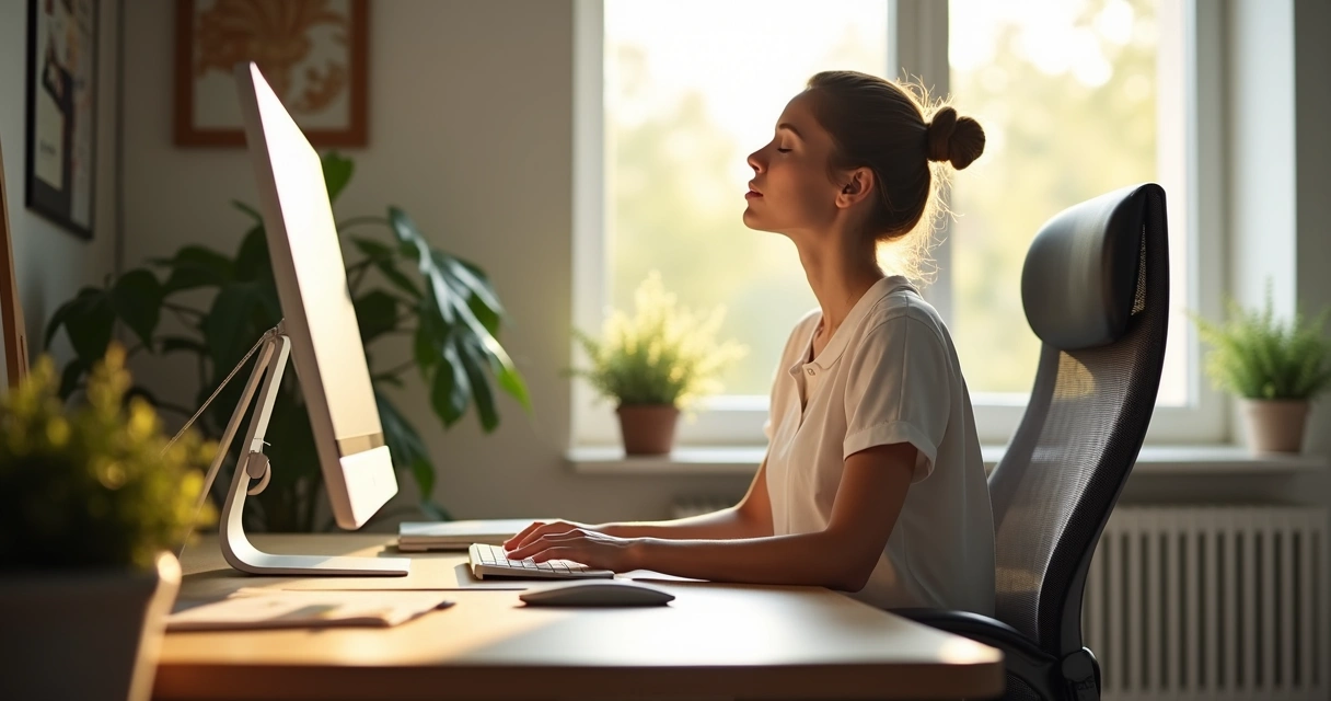 Pessoa sentada respirando fundo em ambiente de trabalho