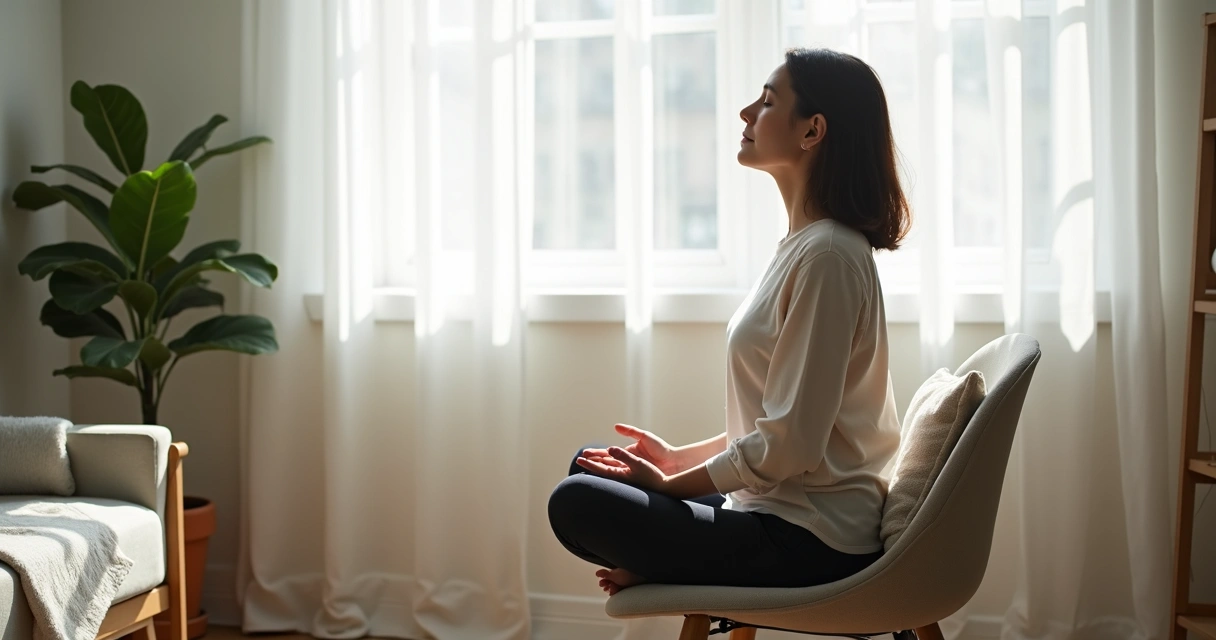 Pessoa sentada fazendo pausa de respiração consciente 