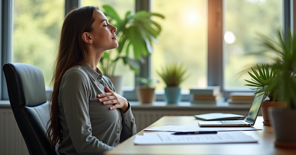 Profissional sentado à mesa de trabalho, olhos fechados, mão no peito, respirando profundamente. Luz suave pela janela da sala moderna.