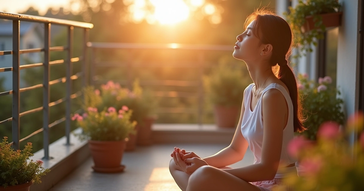 Pessoa sentada meditando na varanda em manhã ensolarada 