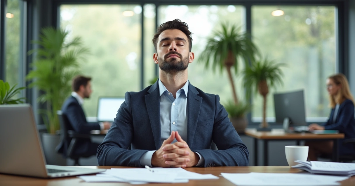 Profissional sentado à mesa de trabalho fazendo respiração consciente 