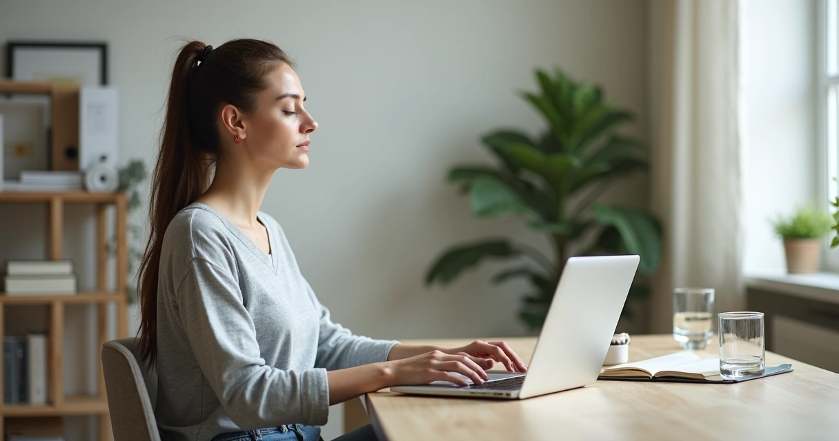 Pessoa em pausa de respiração diante do notebook no escritório 